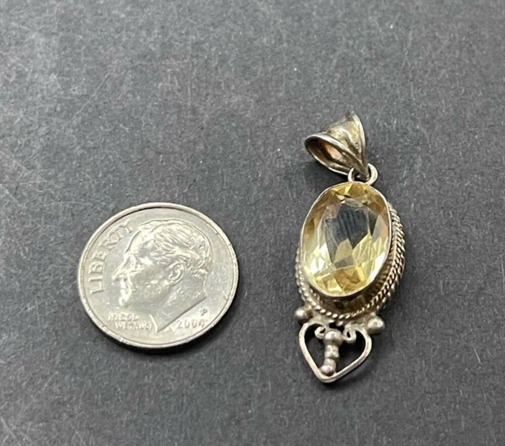 Yellow Gemstone Sterling Silver Pendant C 925 Nepal 1.30 in Checkerboard Facets